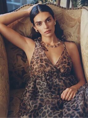 Daniel Rainn Anthropologie Leopard Organza Midi Dress Tie Shoulder Size S NWOT